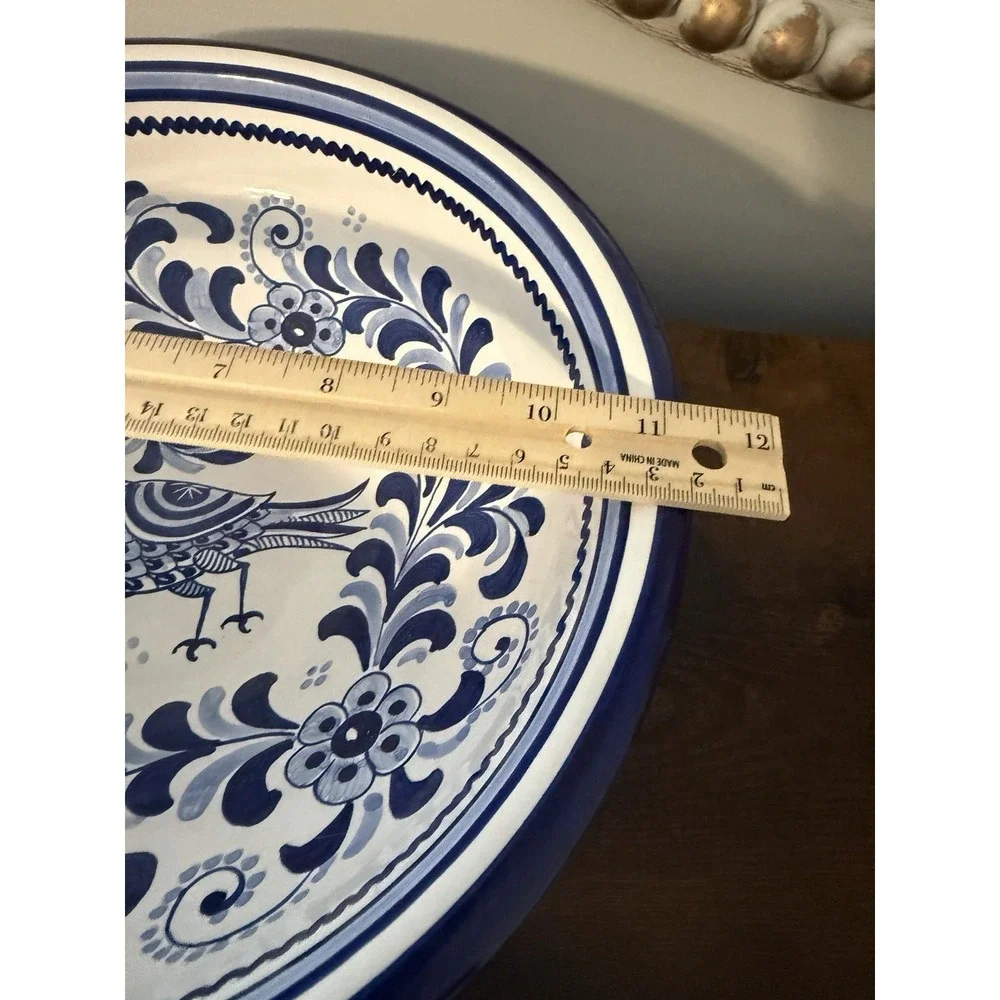 Vintage Ceramica De La Cal Spain Blue White Bird Pottery Bowl 12